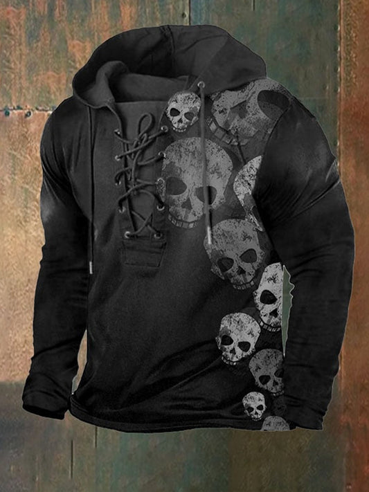 Hombres Vintage Skull Art Print Grueso Manga Larga Con Capucha Cordón Deportes Top