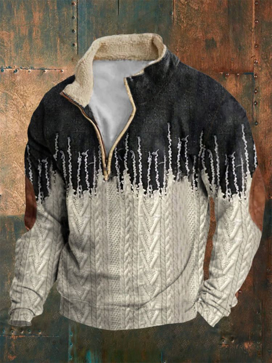 Hombres Retro Western Textured Graphic Print Henley Casual Sudadera gruesa al aire libre