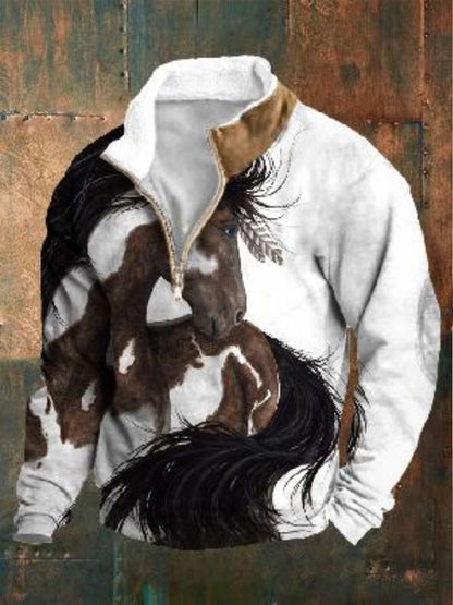 Mens Art Print Diseño V Cuello Botón Suéter de manga larga Sudadera