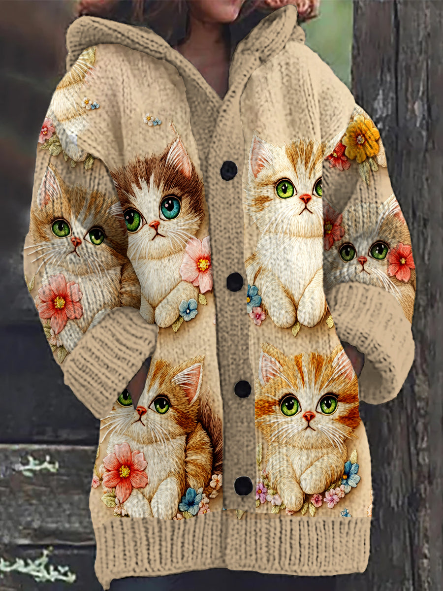 Retro Cat Art Print Botón de manga larga gruesa con capucha Cardigan