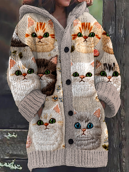 Retro Cat Art Print Botón de manga larga gruesa con capucha Cardigan