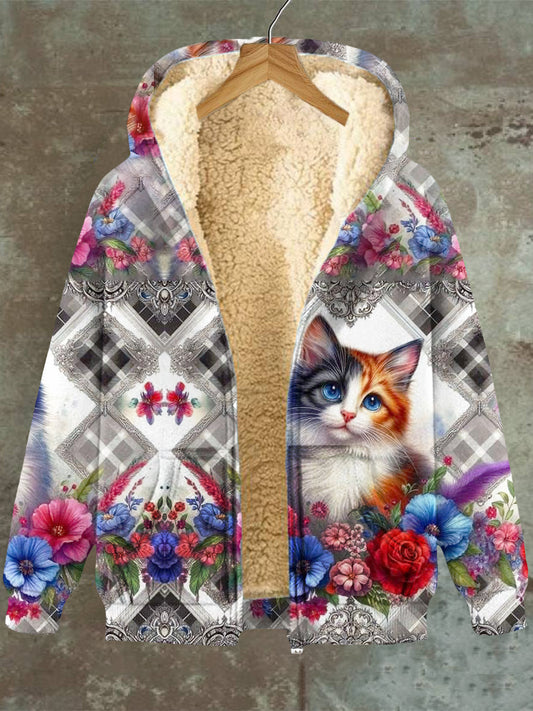 Patrón de la flor del gato de la tela escocesa de las mujeres con capucha bolsillo Zip Fleece sudadera chaqueta