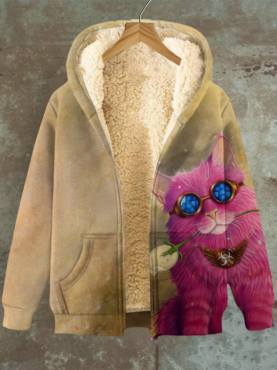 Gato de las mujeres Patrón Casual Bolsillo con capucha Zip Fleece Sudadera Chaqueta