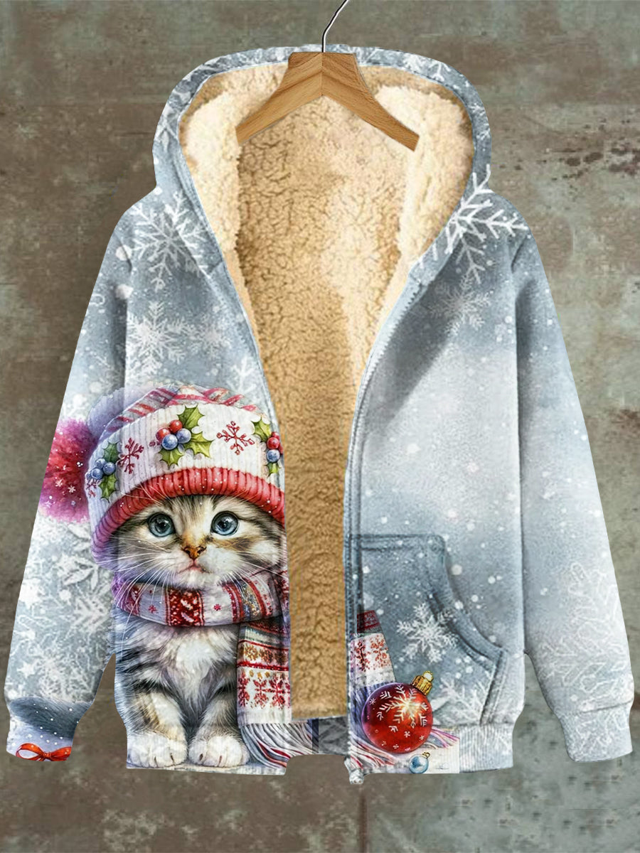 Patrón de copo de nieve de gato de Navidad de las mujeres con capucha de bolsillo Zip Fleece sudadera chaqueta