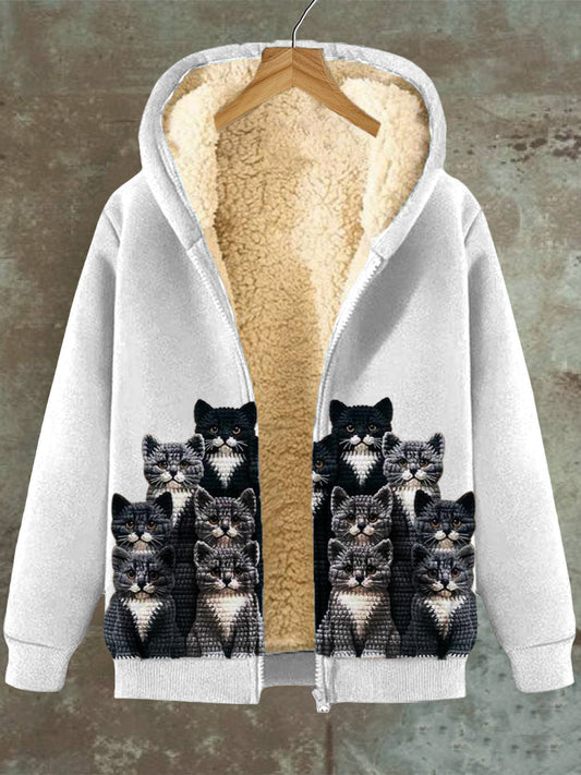 Gato de las mujeres Patrón Casual Bolsillo con capucha Zip Fleece Sudadera Chaqueta