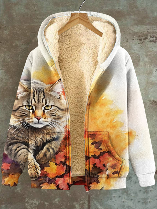 Gato hoja de arce con capucha bolsillo Zip Fleece sudadera chaqueta de las mujeres