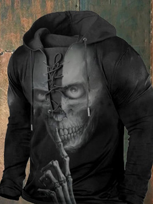 Hombres Vintage Skull Art Print Grueso Manga Larga Con Capucha Cordón Deportes Top