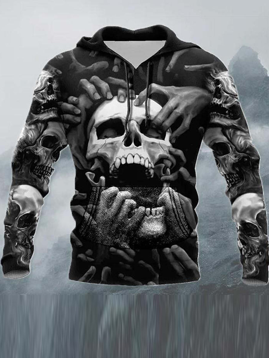 Vintage Skull Art Print Grueso de manga larga con capucha de los hombres Top deportivo