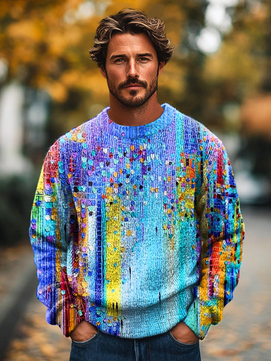 Gentleman's Vintage Multicolor Abstract Gradient Art Impreso Knit Crew Neck Pullover