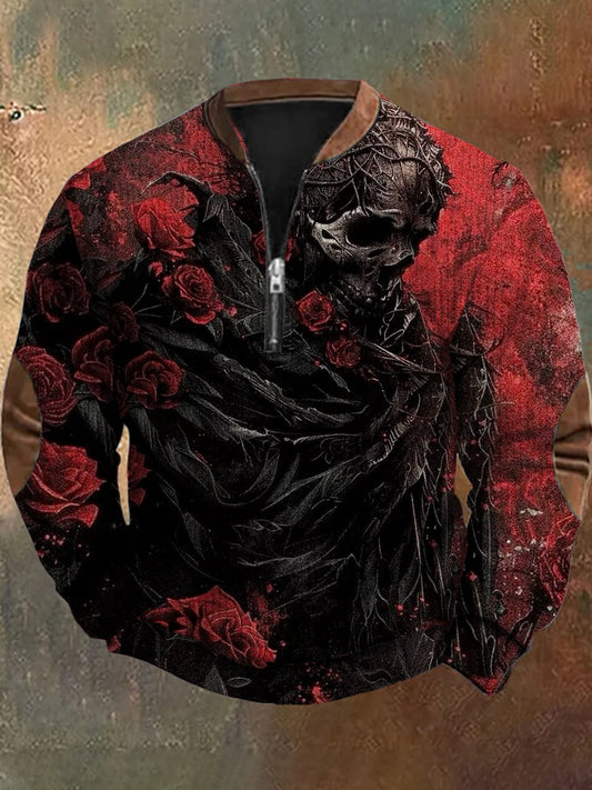 Hombres Retro Dark Art Print Diseño con cuello en V Cremallera Suéter de manga larga Sudadera