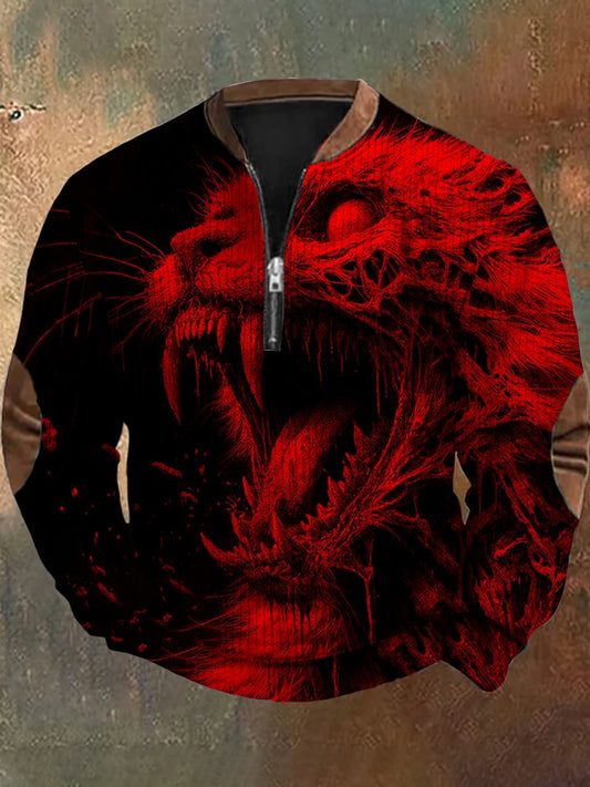 Hombres Retro Dark Animal Art Print Diseño con cuello en V cremallera suéter de manga larga sudadera