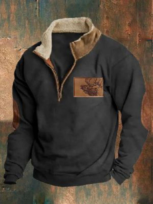 Hombres Retro Western Textured Graphic Print Henley Casual Sudadera gruesa al aire libre