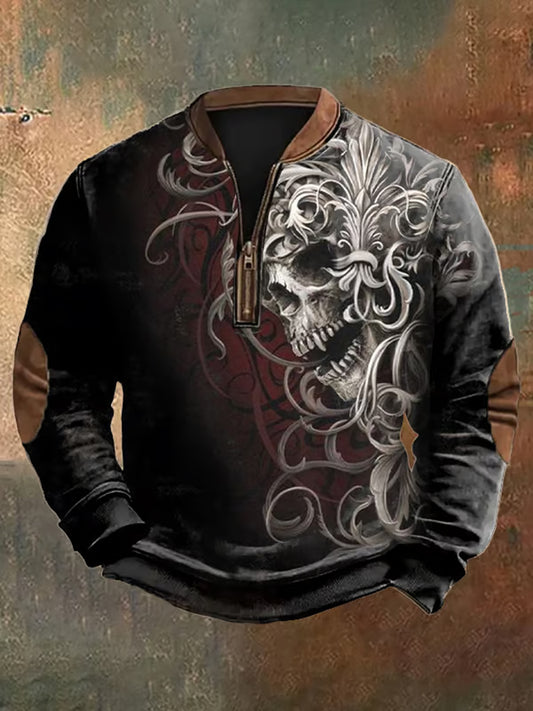 Hombres Retro Punk Art Print Diseño con cuello en V Cremallera Suéter de manga larga Sudadera