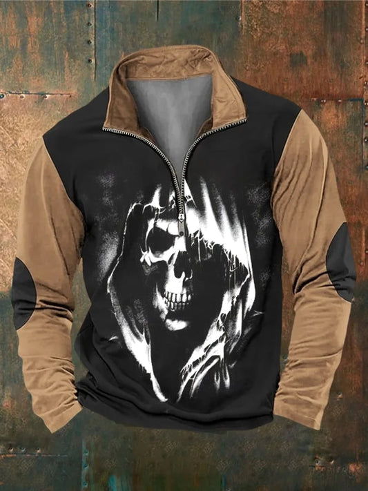 Hombres Retro Punk Art Print Diseño con cuello en V Cremallera Suéter de manga larga Sudadera