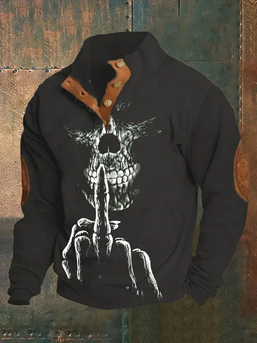 Hombres Retro Punk Art Print Diseño V-cuello botón de manga larga suéter sudadera