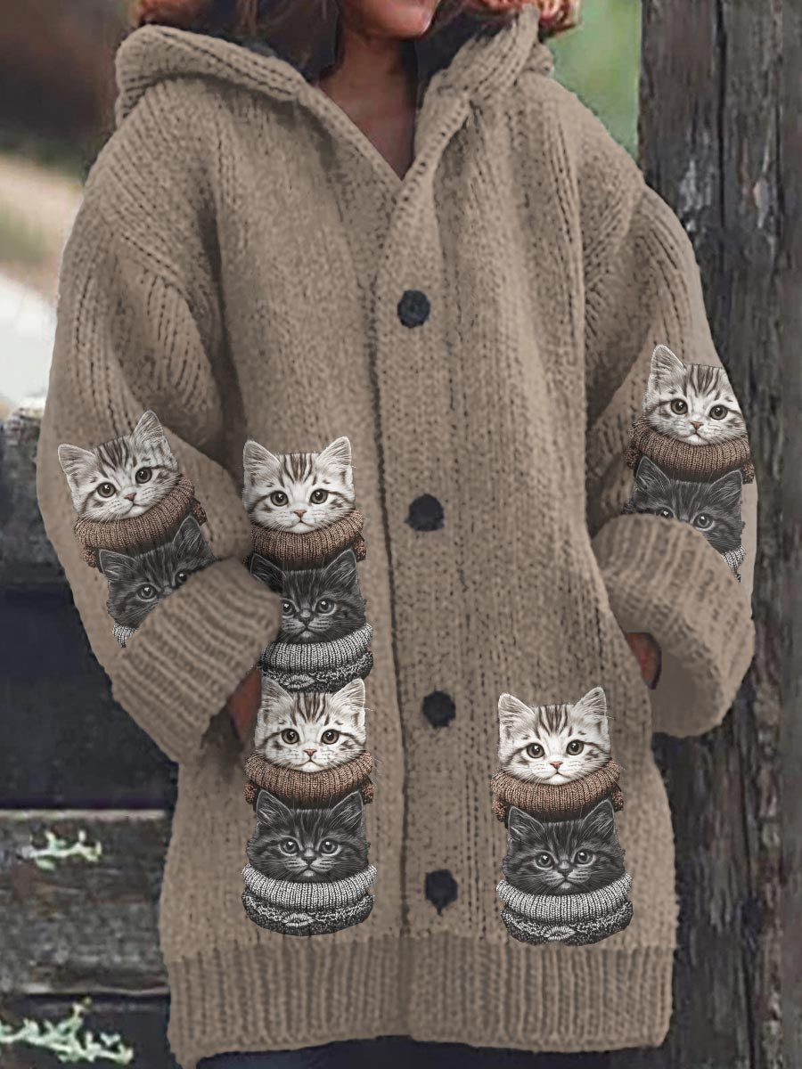 Patrón de gato de las mujeres Casual cómodo de punto con capucha Cardigan