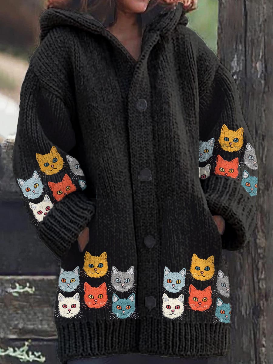 Patrón de gato de las mujeres Casual cómodo de punto con capucha Cardigan