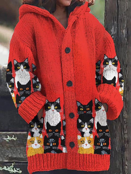 Patrón de gato de las mujeres Casual cómodo de punto con capucha Cardigan