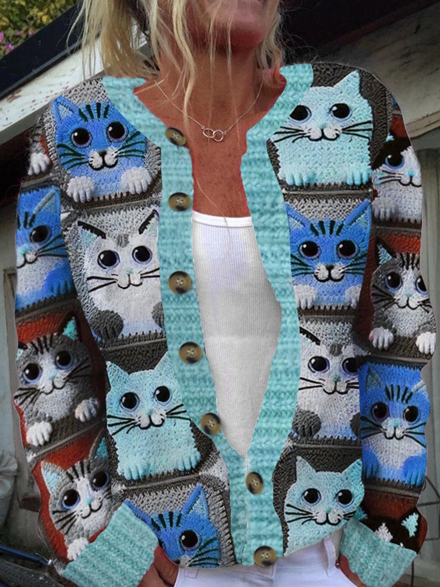 Mujer Gato Patrón Cálido Casual Cardigan de punto