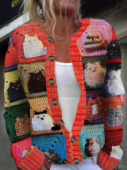 Mujer Gato Patrón Cálido Casual Cardigan de punto