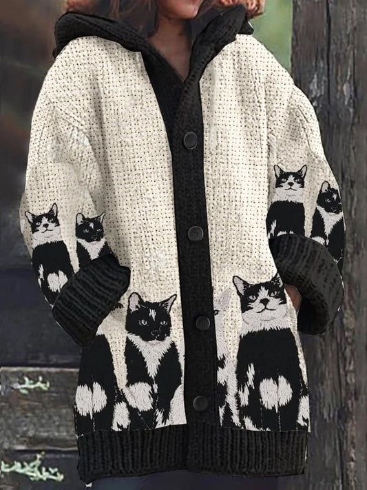 Retro gato bordado arte impresión botón grueso manga larga con capucha Cardigan de las mujeres