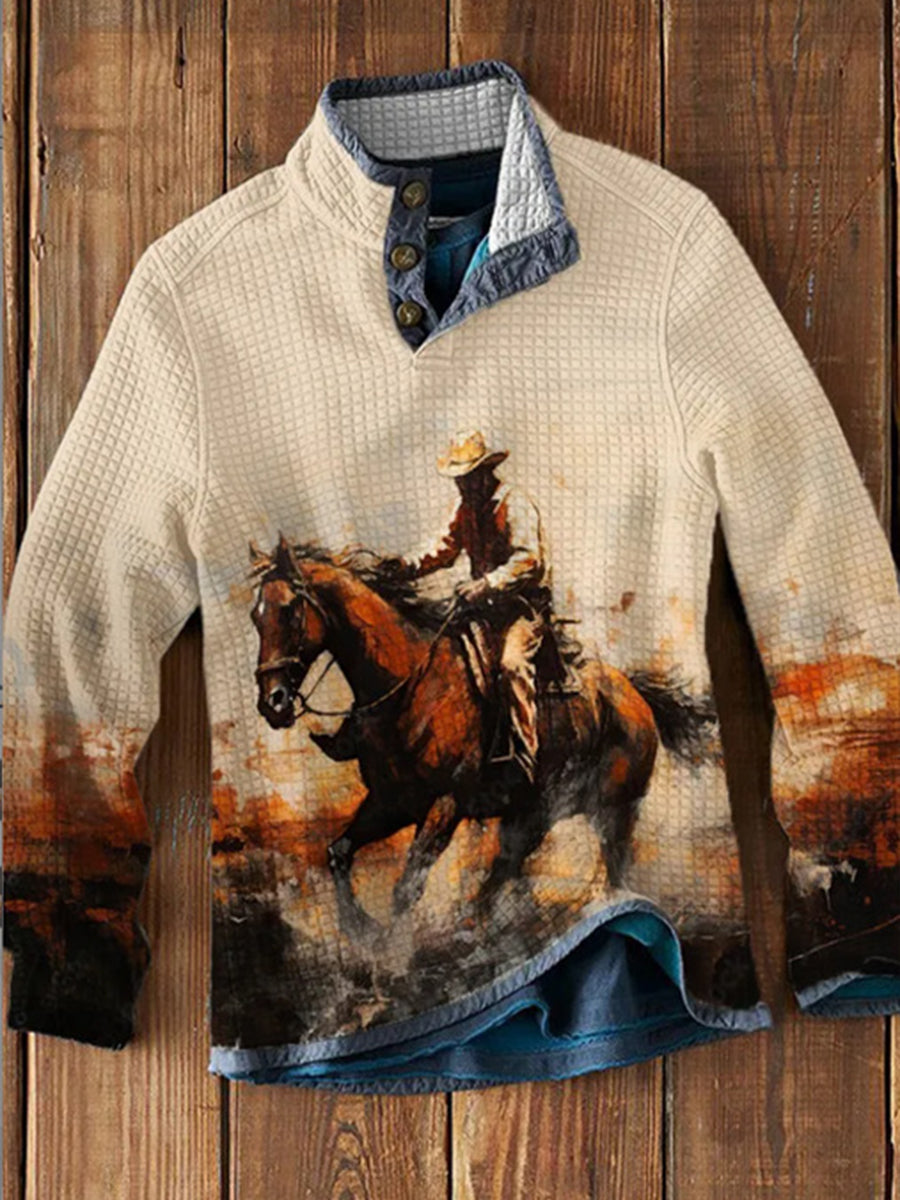 Hombres Vintage Art Print Henley Casual al aire libre sudadera gruesa