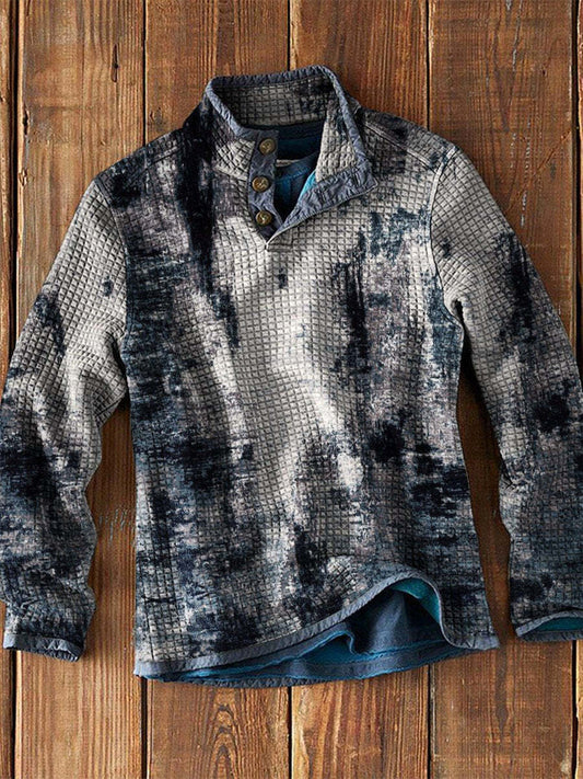 Hombres Retro Western Textured Graphic Print Henley Casual Sudadera gruesa al aire libre