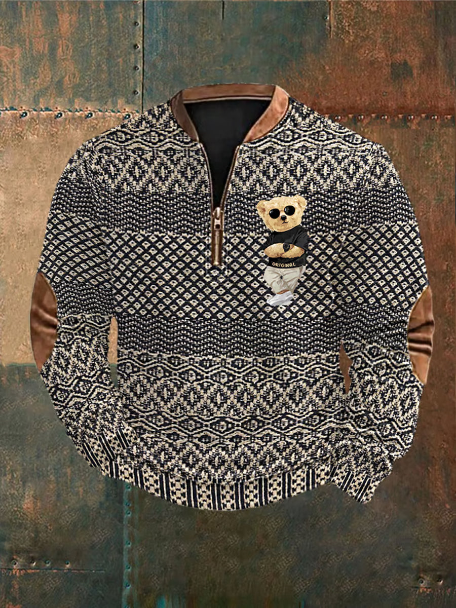 Hombres Vintage País Western Art Print Diseño Con Cuello En V Cremallera Suéter De Manga Larga Sudadera