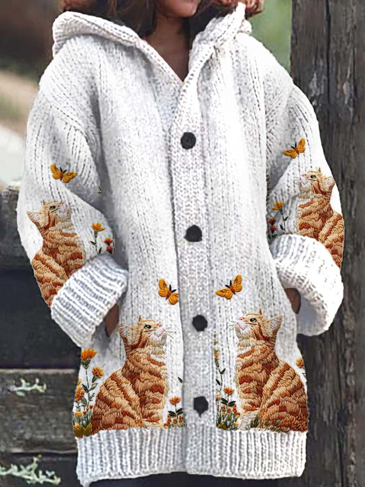 Mujer Gato Floral Patrón Casual Cálido Cardigan de punto con capucha