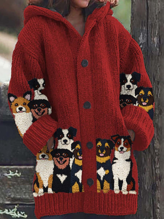 Mujer Perro Patrón Casual Cálido Cardigan de punto con capucha