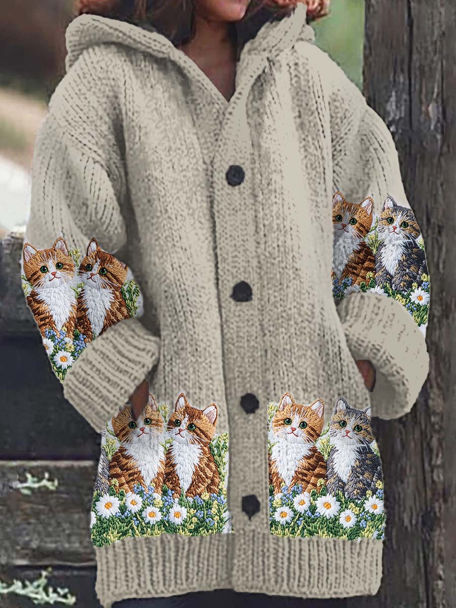 Mujer Gato Floral Patrón Casual Cálido Cardigan de punto con capucha