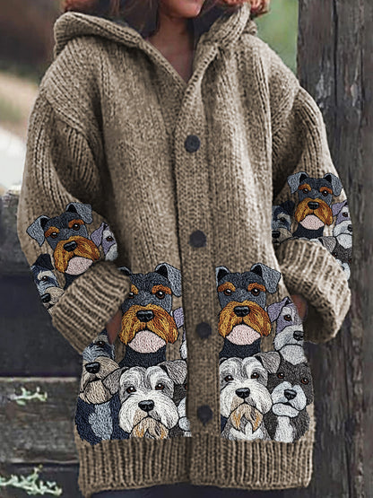 Mujer Mascota Schnauzer Perro Patrón Botón Casual Cardigan con capucha caliente