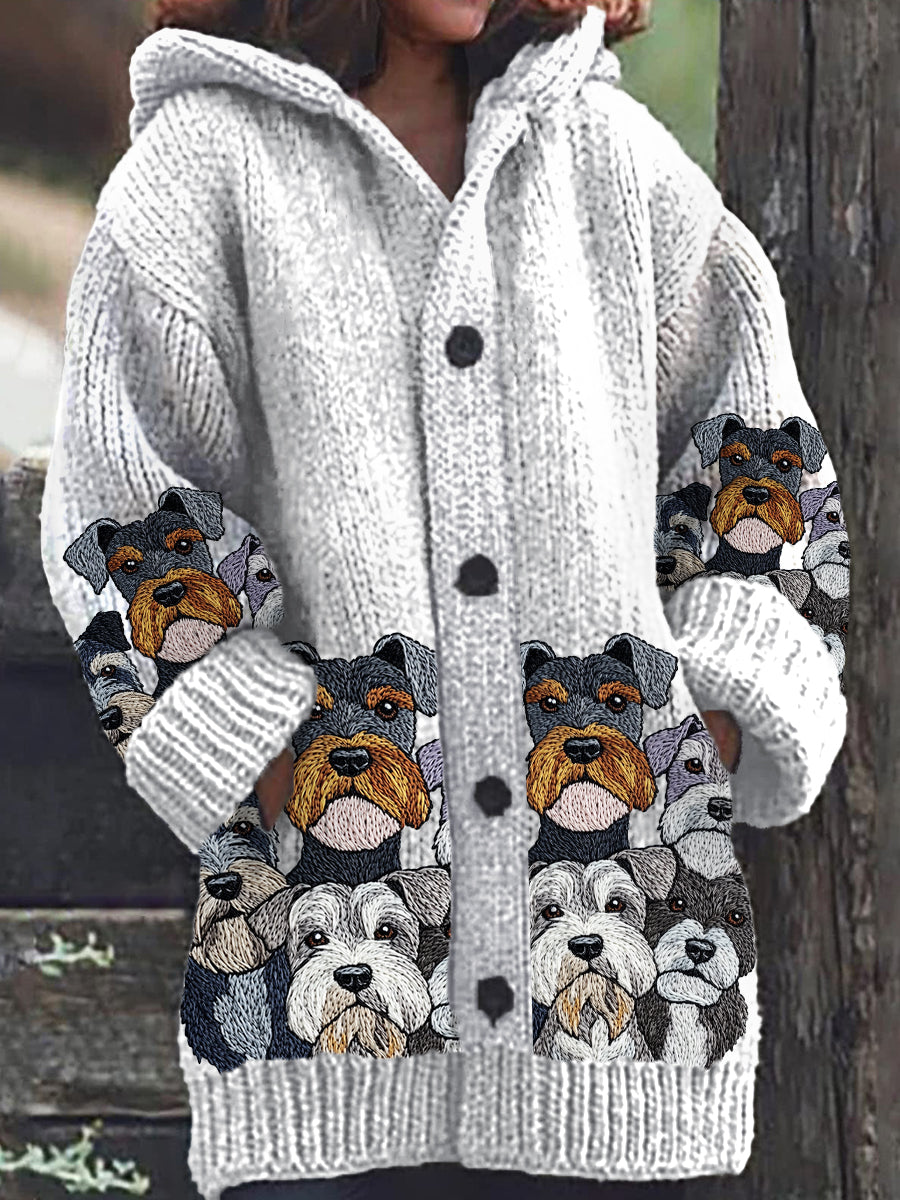 Mujer Mascota Schnauzer Perro Patrón Botón Casual Cardigan con capucha caliente