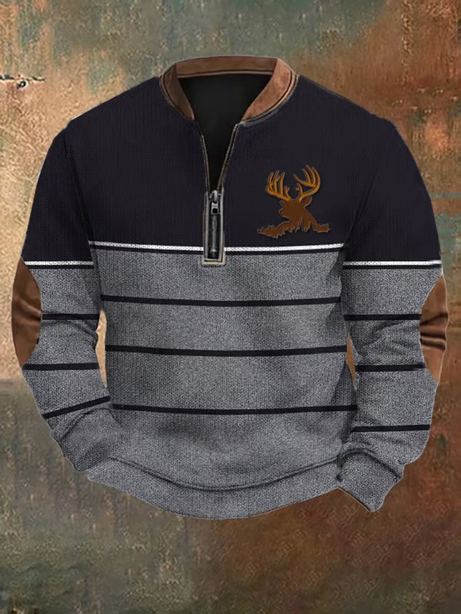 Hombres Retro País Western Art Print Diseño V Cuello Cremallera Suéter de Manga Larga Sudadera