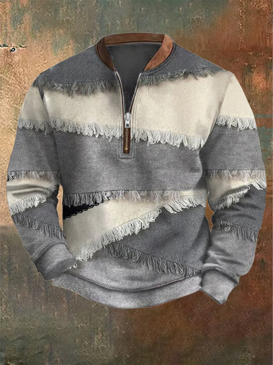 Hombres Retro País Western Art Print Diseño V Cuello Cremallera Suéter de Manga Larga Sudadera