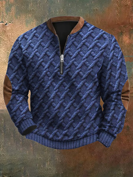 Hombres Retro País Western Art Print Diseño V Cuello Cremallera Suéter de Manga Larga Sudadera