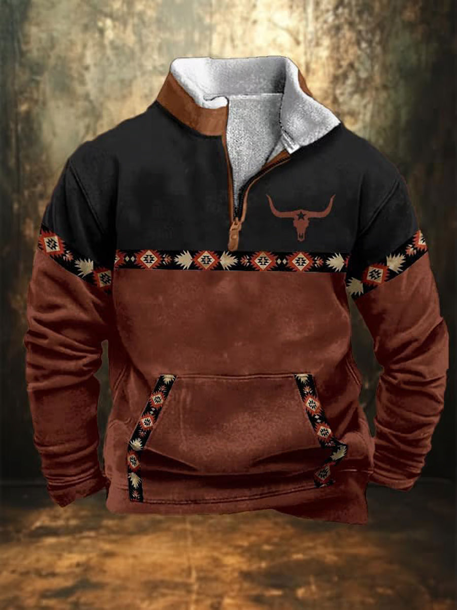 Hombres retro país occidental impresión del arte diseño stand collar cremallera V Masajeadores de cuello suéter manga larga sudadera