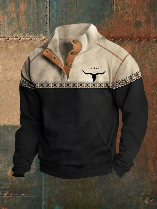 Hombres Retro País Western Art Print Diseño Del Collar Soporte Botón Con Cuello En V Suéter de Manga Larga Sudadera