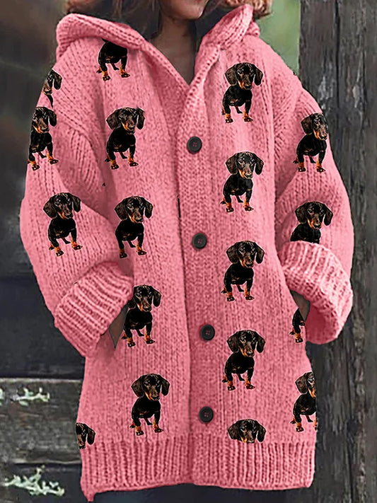 Moda de las mujeres elegante Animal Art Puppy botón de impresión gruesa de manga larga con capucha Cardigan