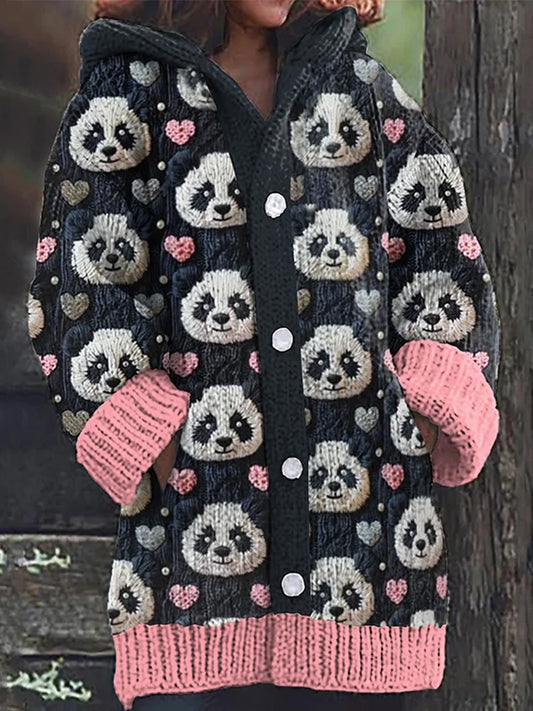 Moda elegante Animal Art Panda impresión botón grueso manga larga con capucha Cardigan de las mujeres