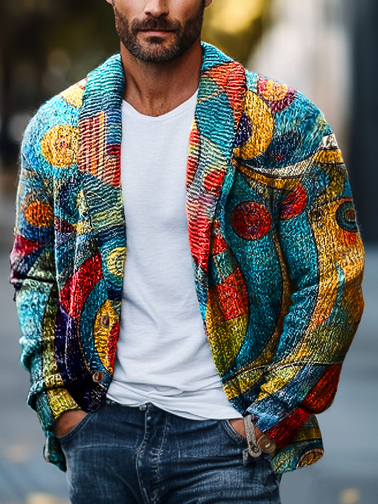 Caballero Vintage colorido geométrico espiral arte impresión solapa bolsillo punto Cardigan