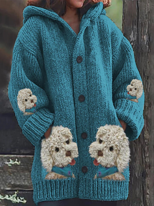 Mujer Vintage Animal Art Puppy Imprimir Botón Grueso de manga larga con capucha Cardigan