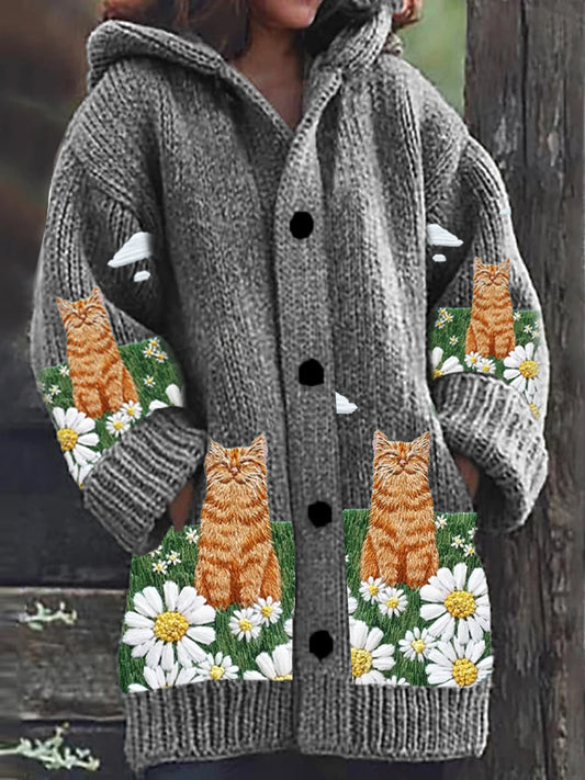 Retro Cat Art Print Botón de manga larga gruesa Casual Cardigan con capucha