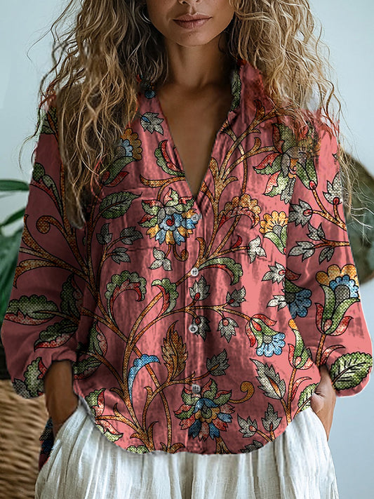 Vintage Floral Art Print V-cuello Casual algodón y lino camisa Top de las mujeres