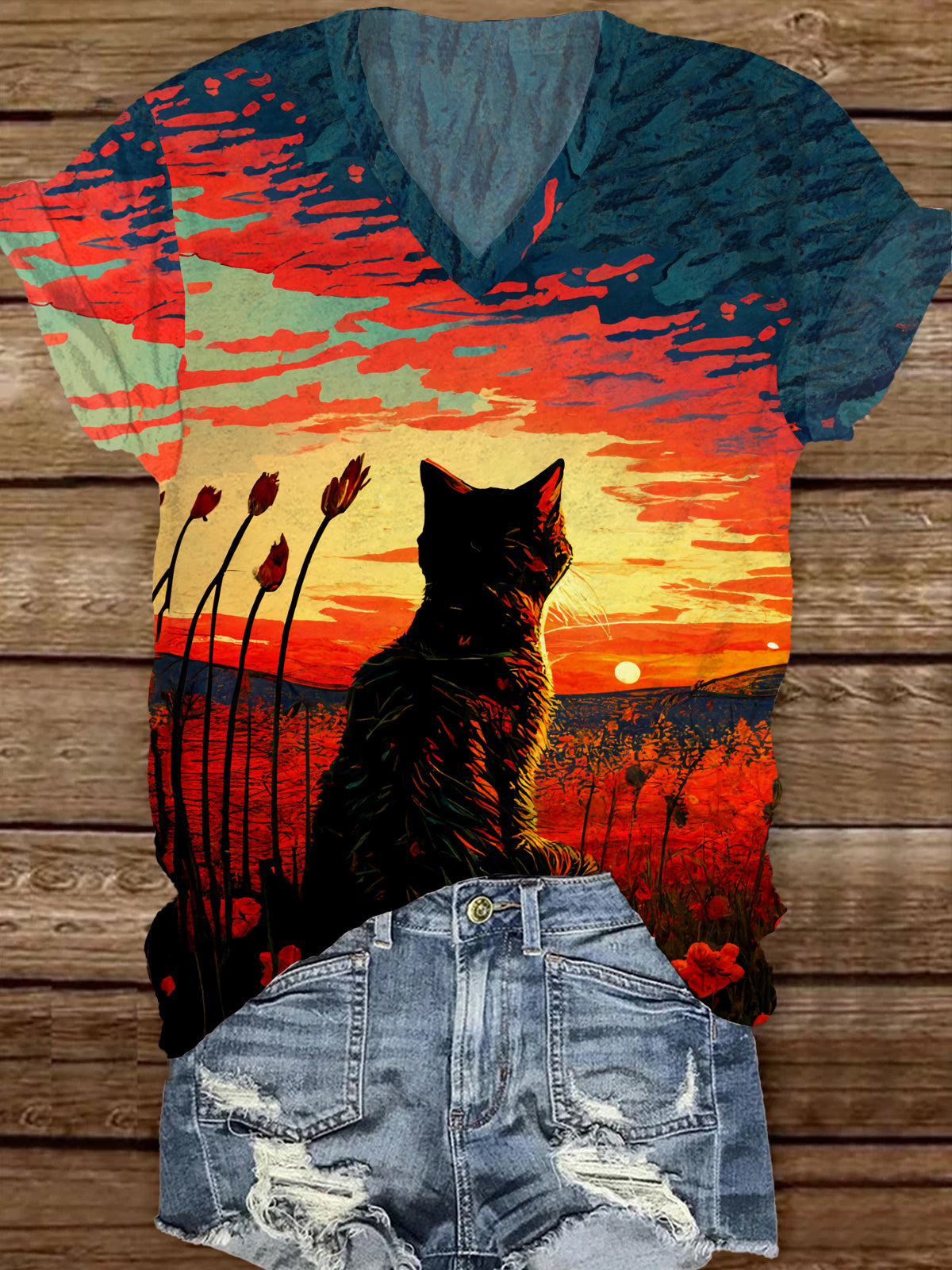 Retro Cat Art Print Casual con cuello en V de manga corta camiseta