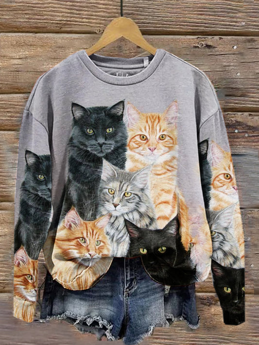 Retro Cat Art Print Casual cuello redondo manga larga deportes Top