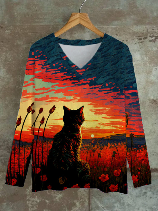 Retro Cat Art Print Casual V Cuello Top de manga larga