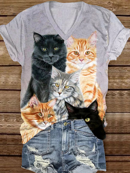 Retro Cat Art Print Casual con cuello en V de manga corta camiseta