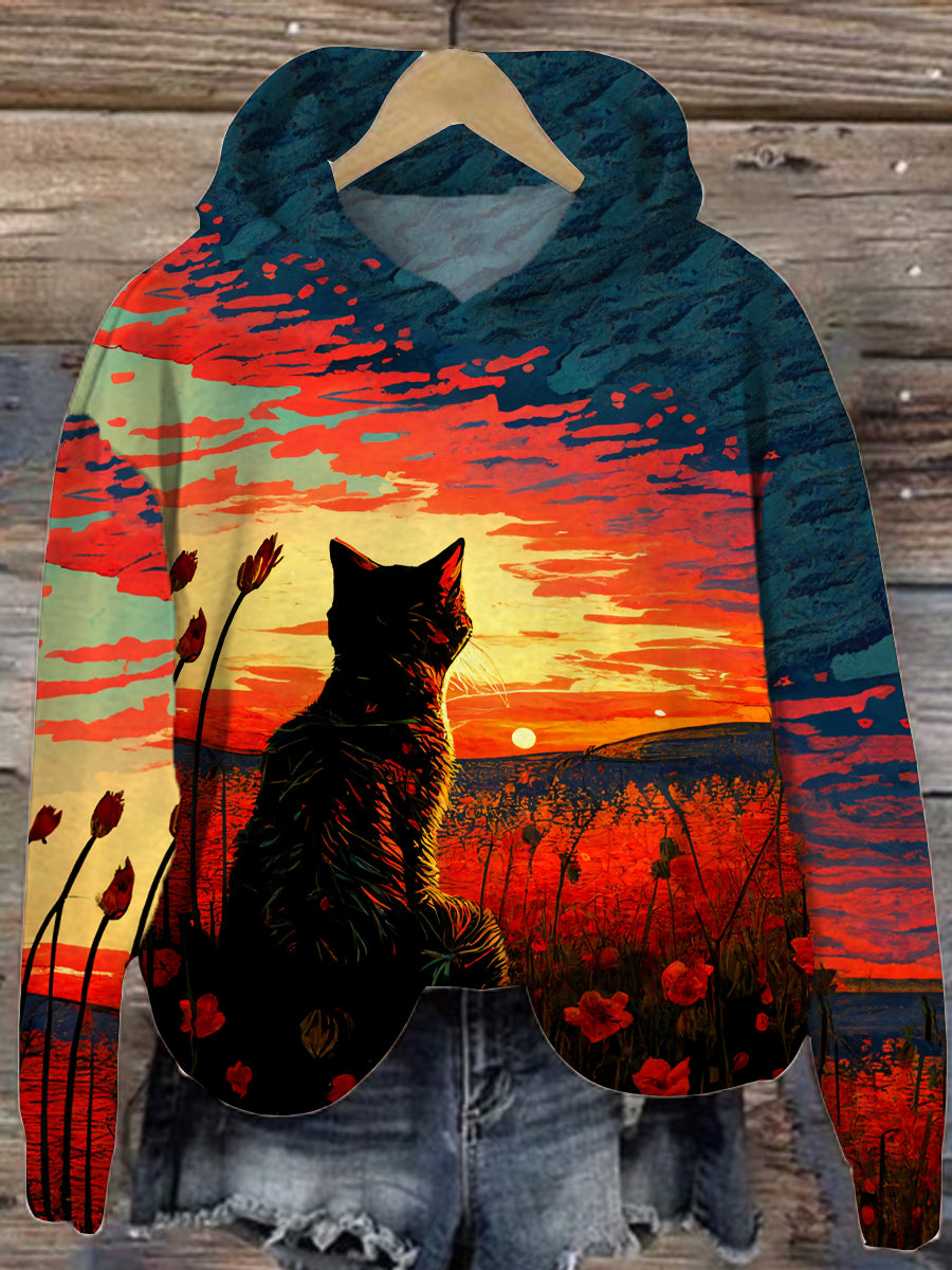 Retro Cat Art Print Casual manga larga con capucha Top deportivo