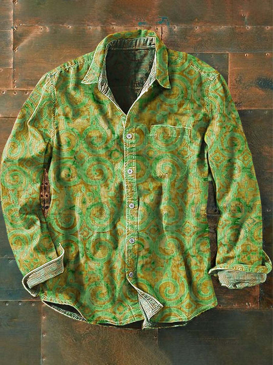 Camisa de manga larga casual con estampado occidental vintage para hombre